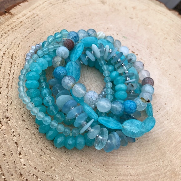 Natural Blue Aquamarine, Azure Amazonite & Agate Gemstone Beads Bracelet Stack - Picture 7 of 12